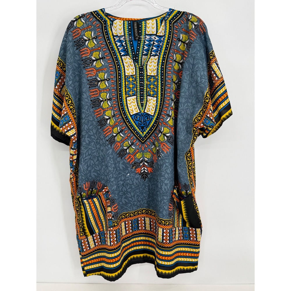True Rock Dashiki Tunic Top Blue Yellow Geometric African Print Free Size Mens L